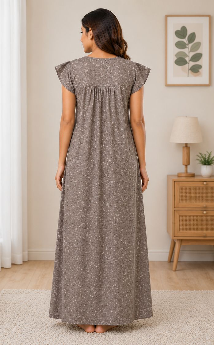 Women's purplish brown Abstract Print Maxi Nighty Rayon Fabric Front Open