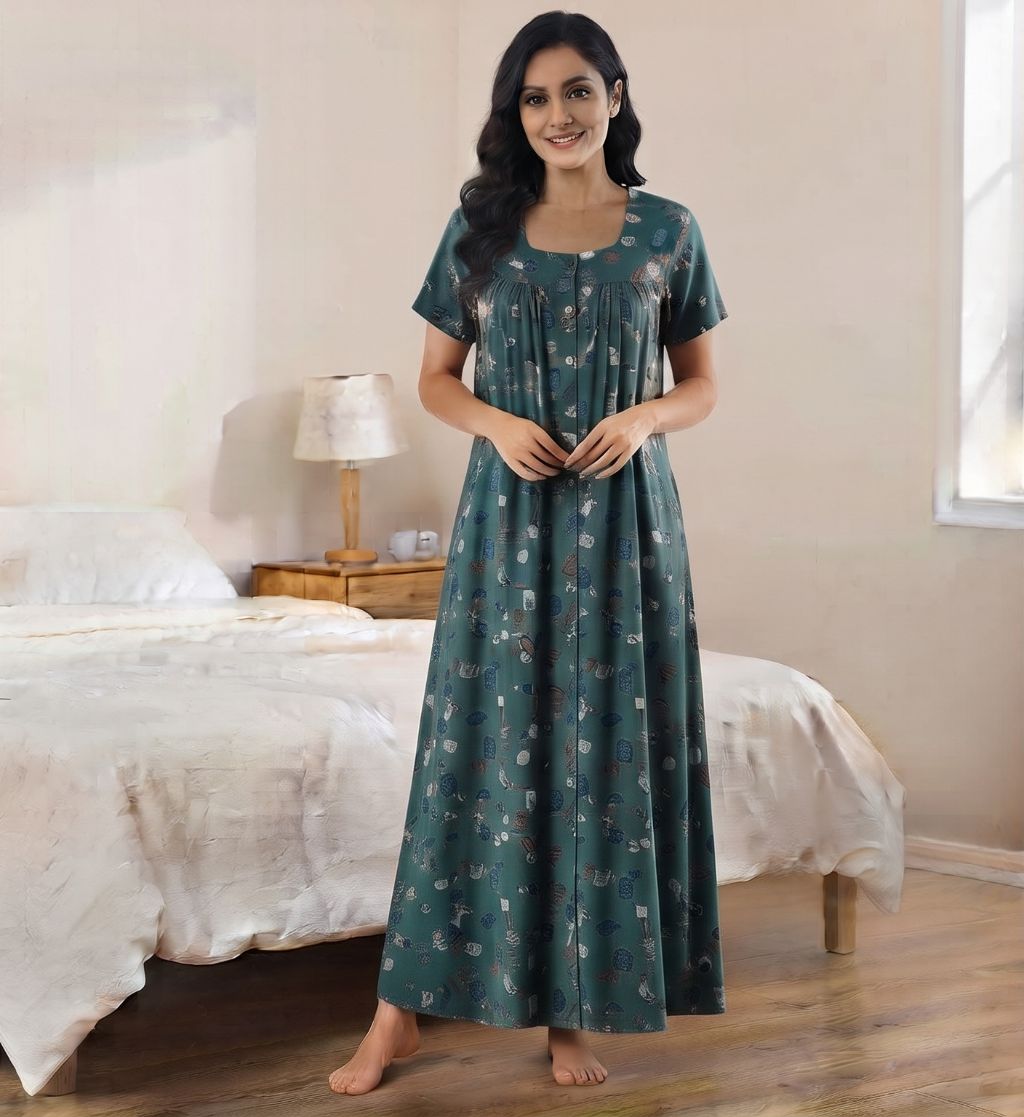 Women's teal green Abstract Print Maxi Nighty Rayon Fabric Front Open