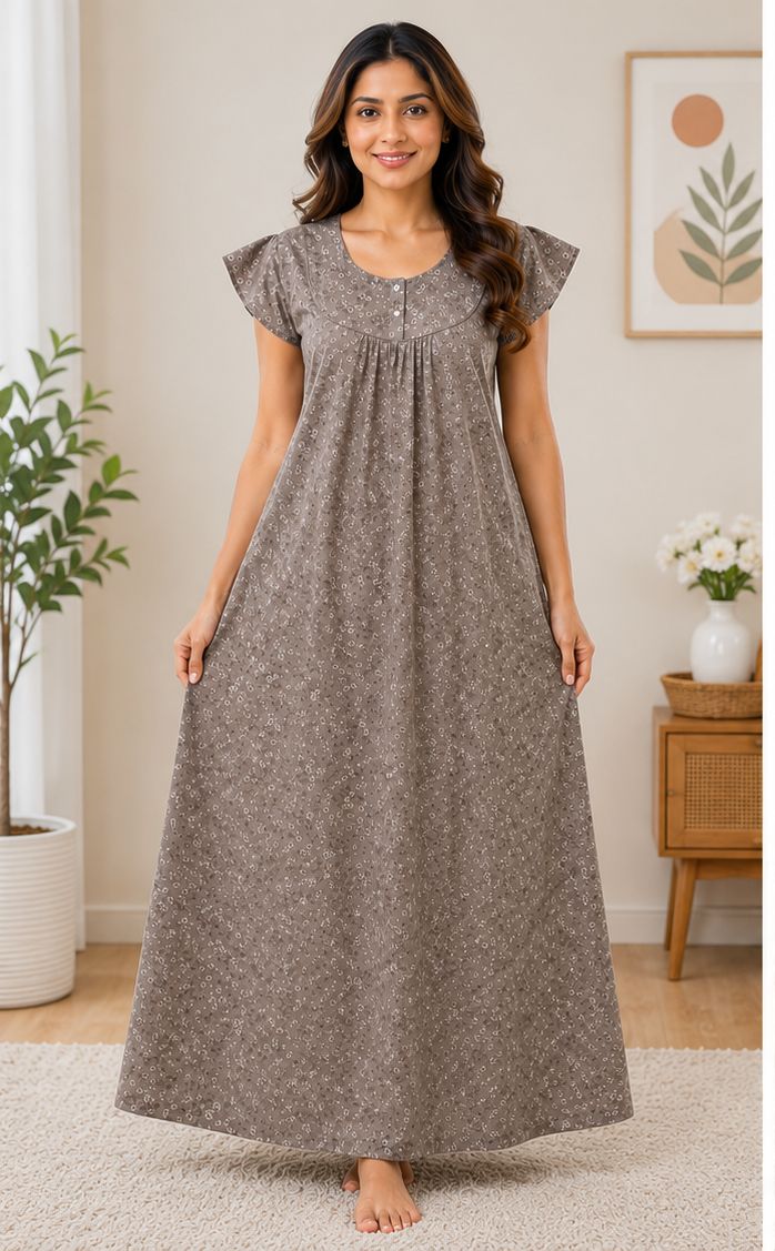 Women's purplish brown Abstract Print Maxi Nighty Rayon Fabric Front Open