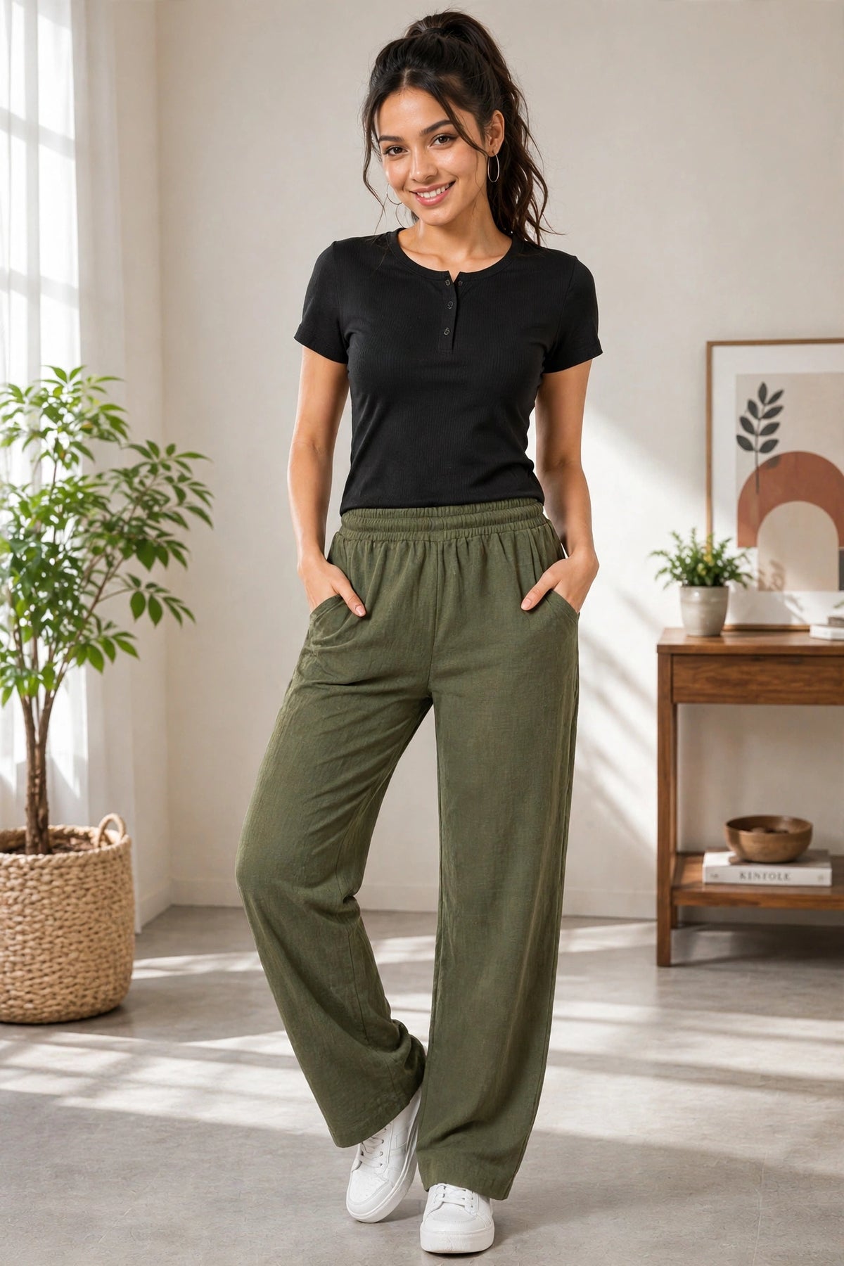 Women's Olive green color Casual Elastic Waist Ladies Pant