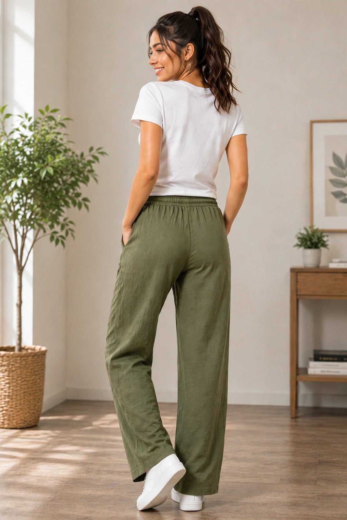 Women's Olive green color Casual Elastic Waist Ladies Pant