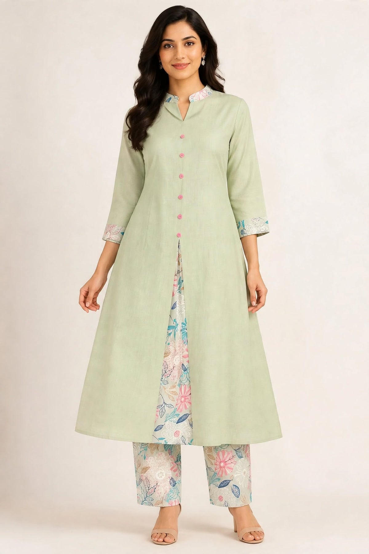 Women’s Light Pista Green Floral Print Full-Sleeve Flared Kurti and Pant Set