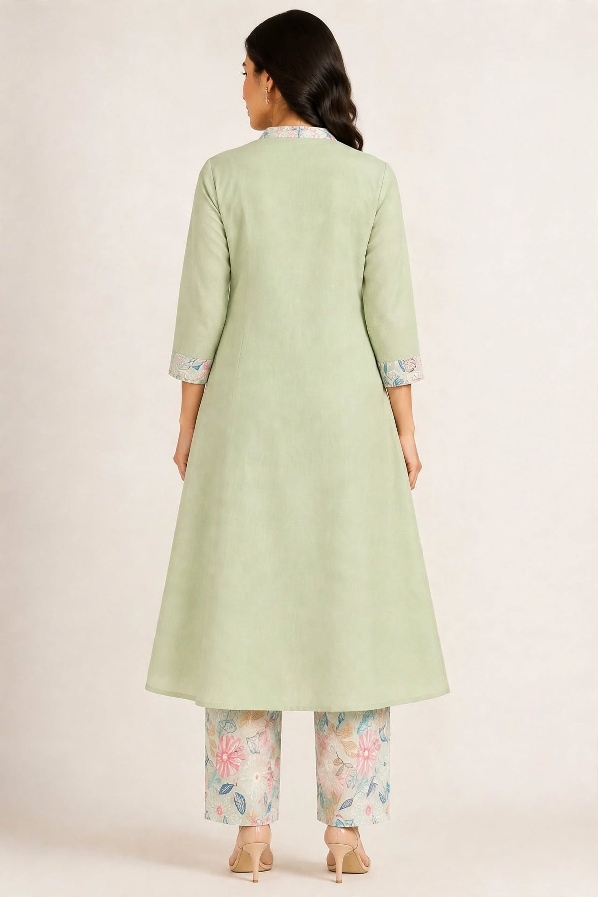 Women’s Light Pista Green Floral Print Full-Sleeve Flared Kurti and Pant Set