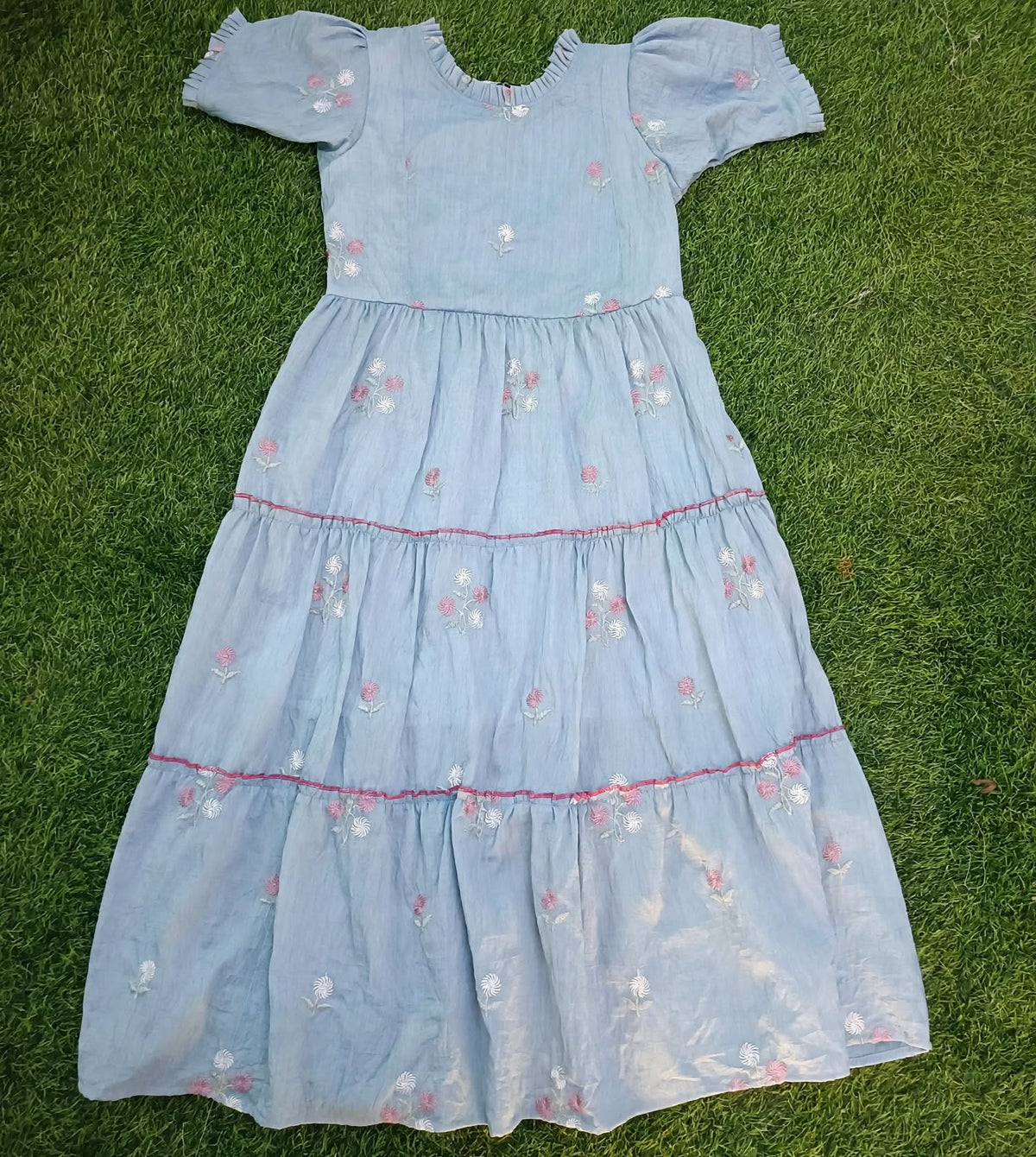 Ladies Light Blue Floral Embroidered Frill Round Neck Puff Sleeve 3-Step Flared Long Frock