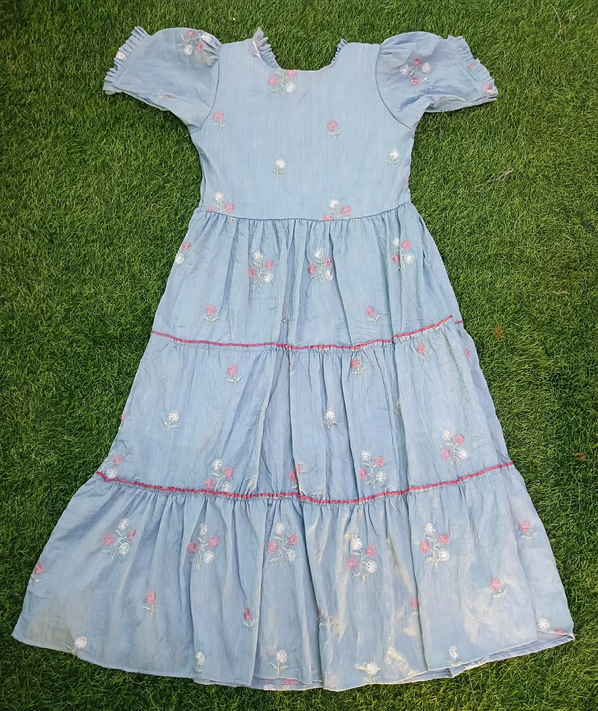 Ladies Light Blue Floral Embroidered Frill Round Neck Puff Sleeve 3-Step Flared Long Frock
