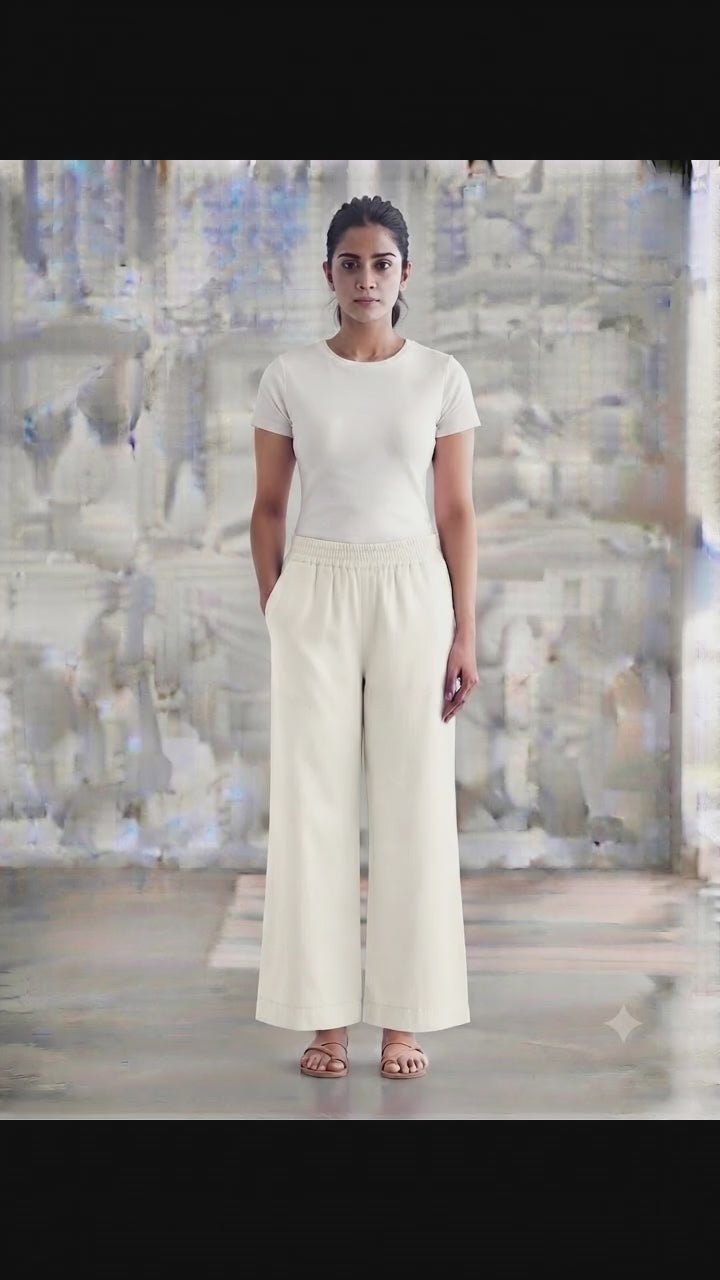 Half White Solid Wide-Leg Palazzo with Pockets