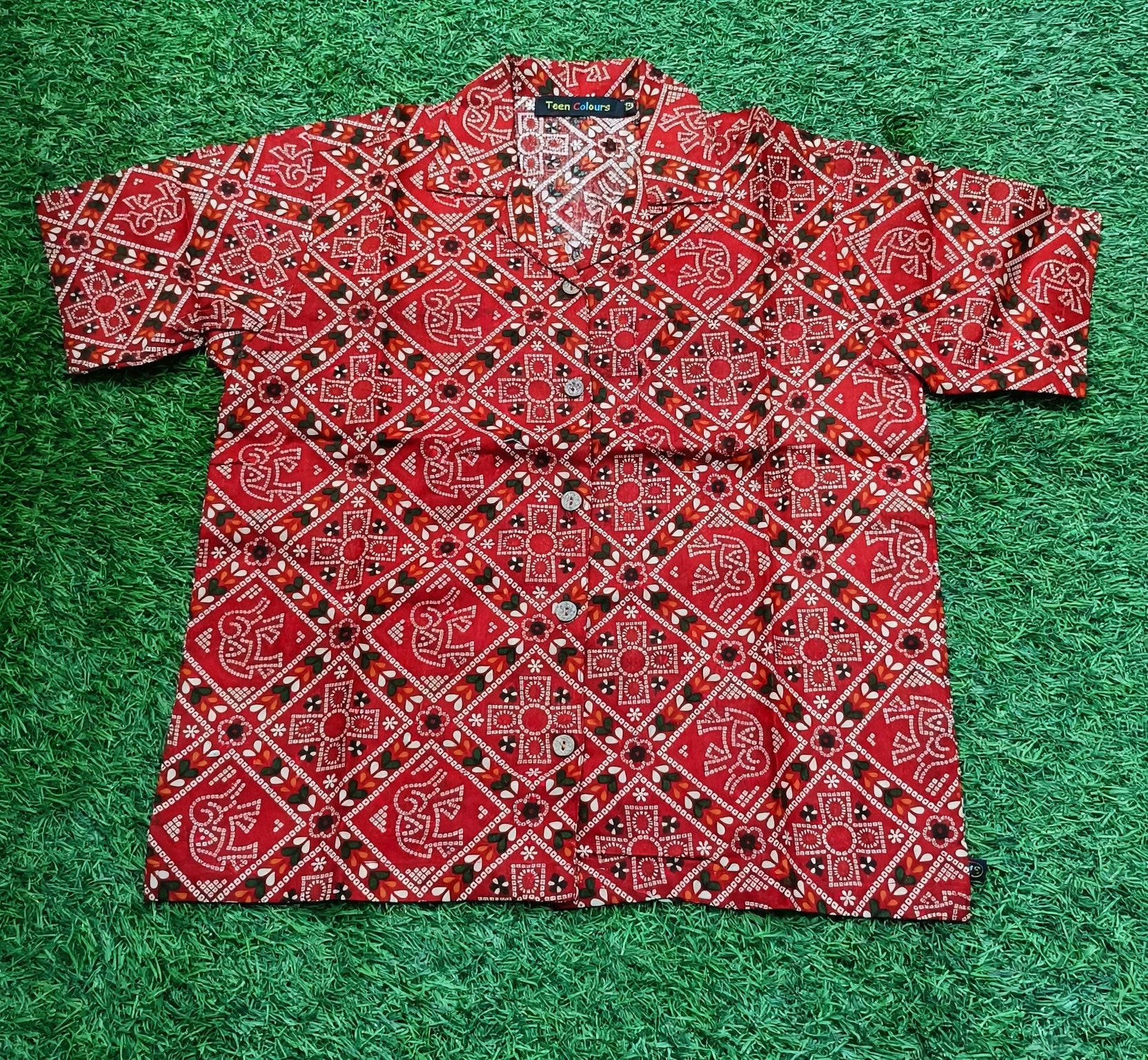 Teen Colours Girls Brick Red Bandana Print Cuban Collar cotton Baggy Shirt