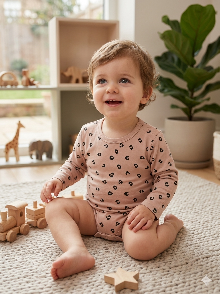 Minimalist Leopard Print Long-Sleeve Baby Bodysuit – Dusty Pink