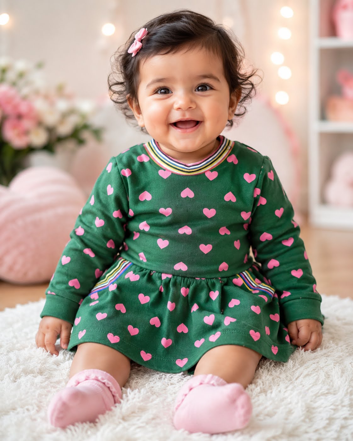 Adorable Heart-Print Long-Sleeve Dress for Baby Girls – Forest Green