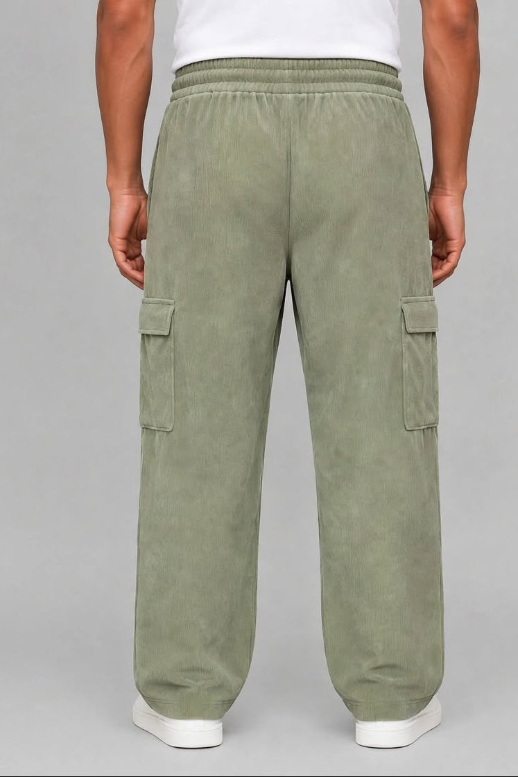 Men's Olive Green Sporty Cargo Track Pants with Zipper Pockets