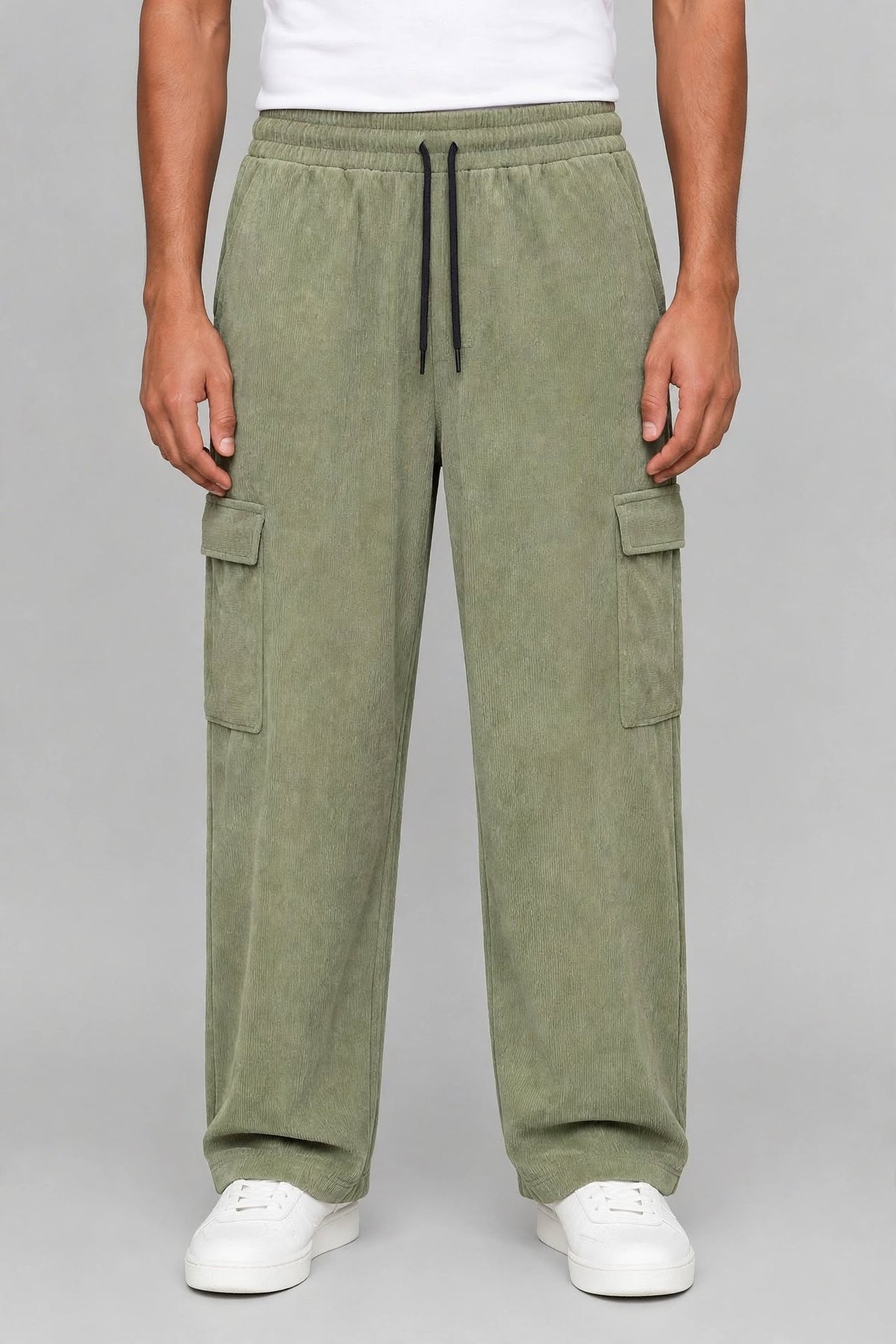 Men's Olive Green Sporty Cargo Track Pants with Zipper Pockets