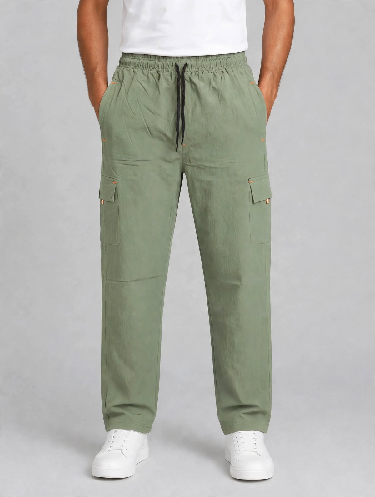 Men's Sage Green Sporty Cargo Track Pants with Zipper Pockets