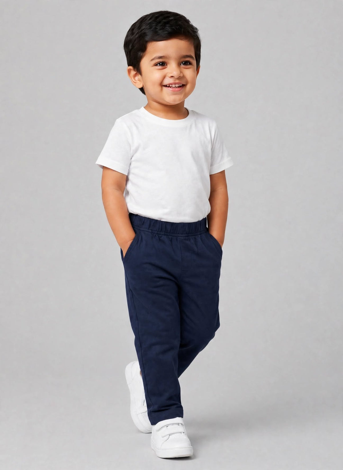 Kids Light Navy Blue Cotton Straight-Fit Elastic Waist Pant with Side Pockets & Back Patch Pocket