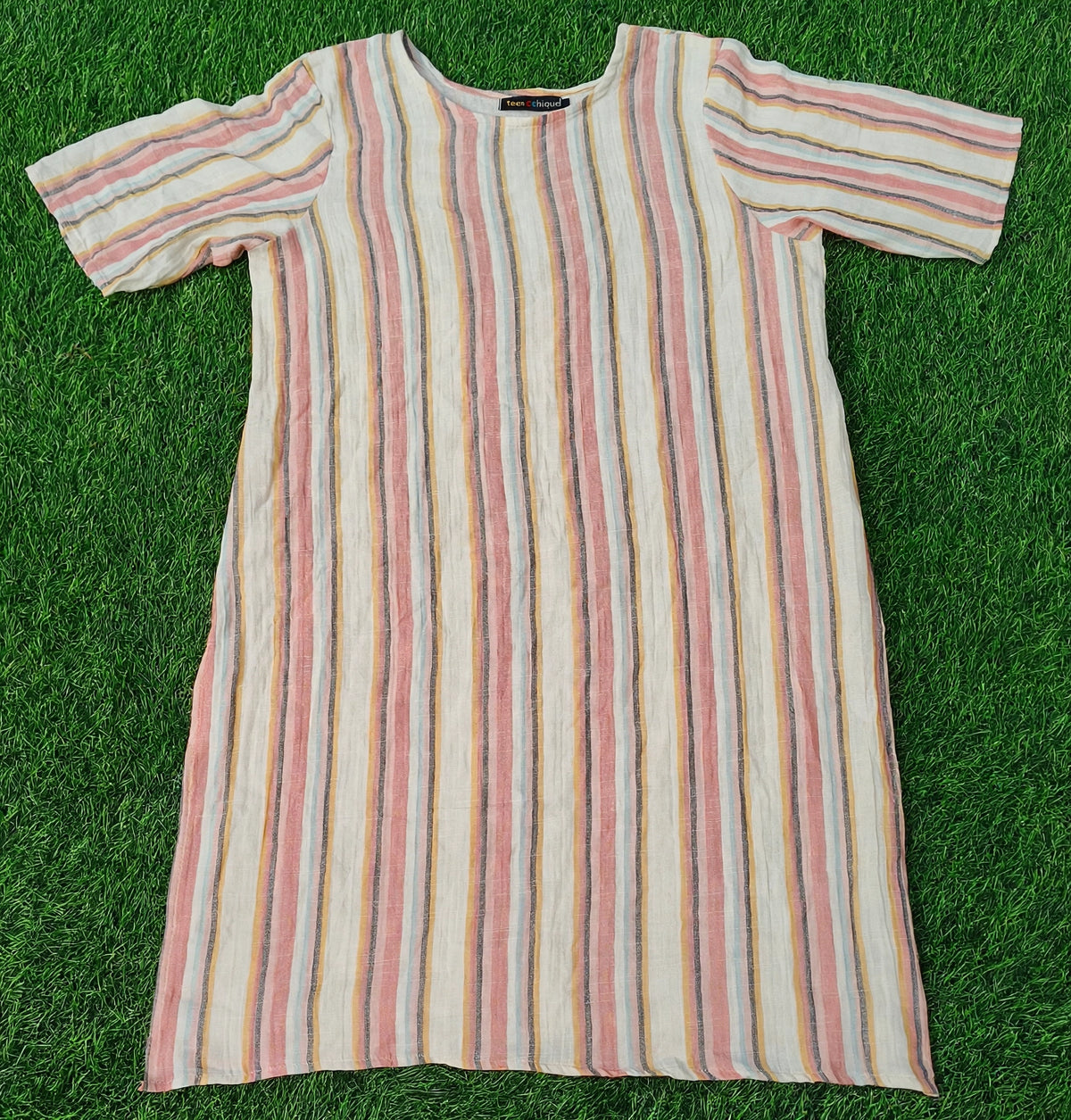 Women’s Cream Multicolour Striped Cotton Linen Straight-Cut Kurthi with Elbow Sleeves & Pocket