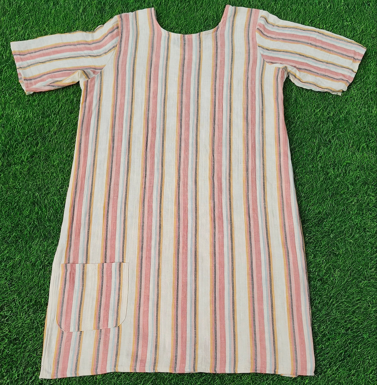 Women’s Cream Multicolour Striped Cotton Linen Straight-Cut Kurthi with Elbow Sleeves & Pocket