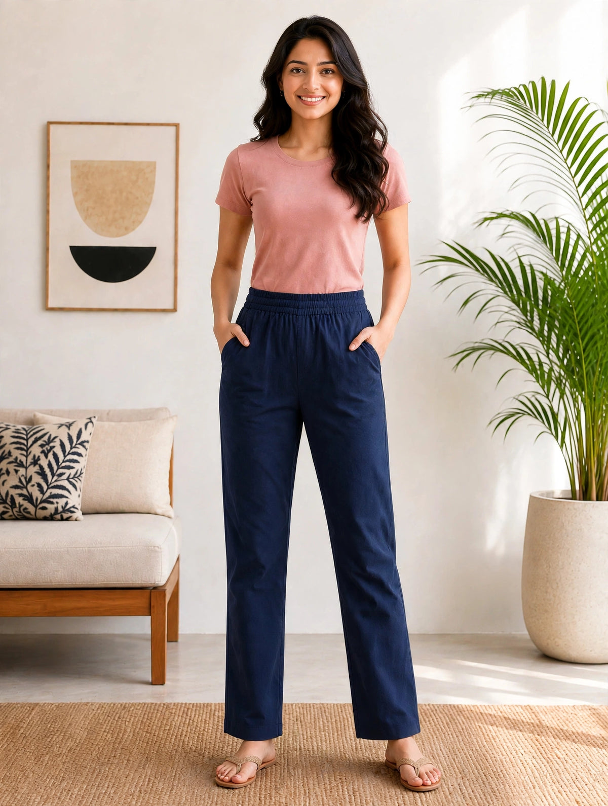 Women's Navy Blue Casual Elastic Waist Ladies Pant