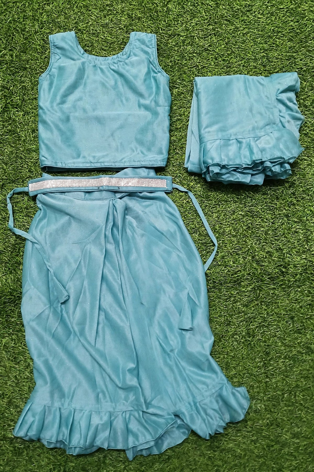 Girls Teal Green Crop Top with Flared Skirt & Dupatta Set