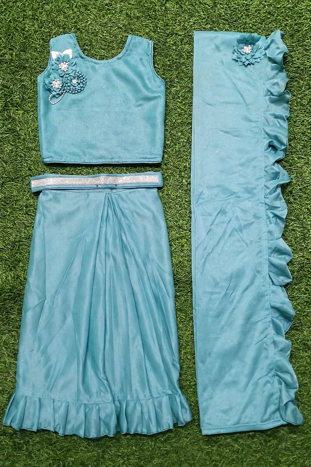 Girls Teal Green Crop Top with Flared Skirt & Dupatta Set