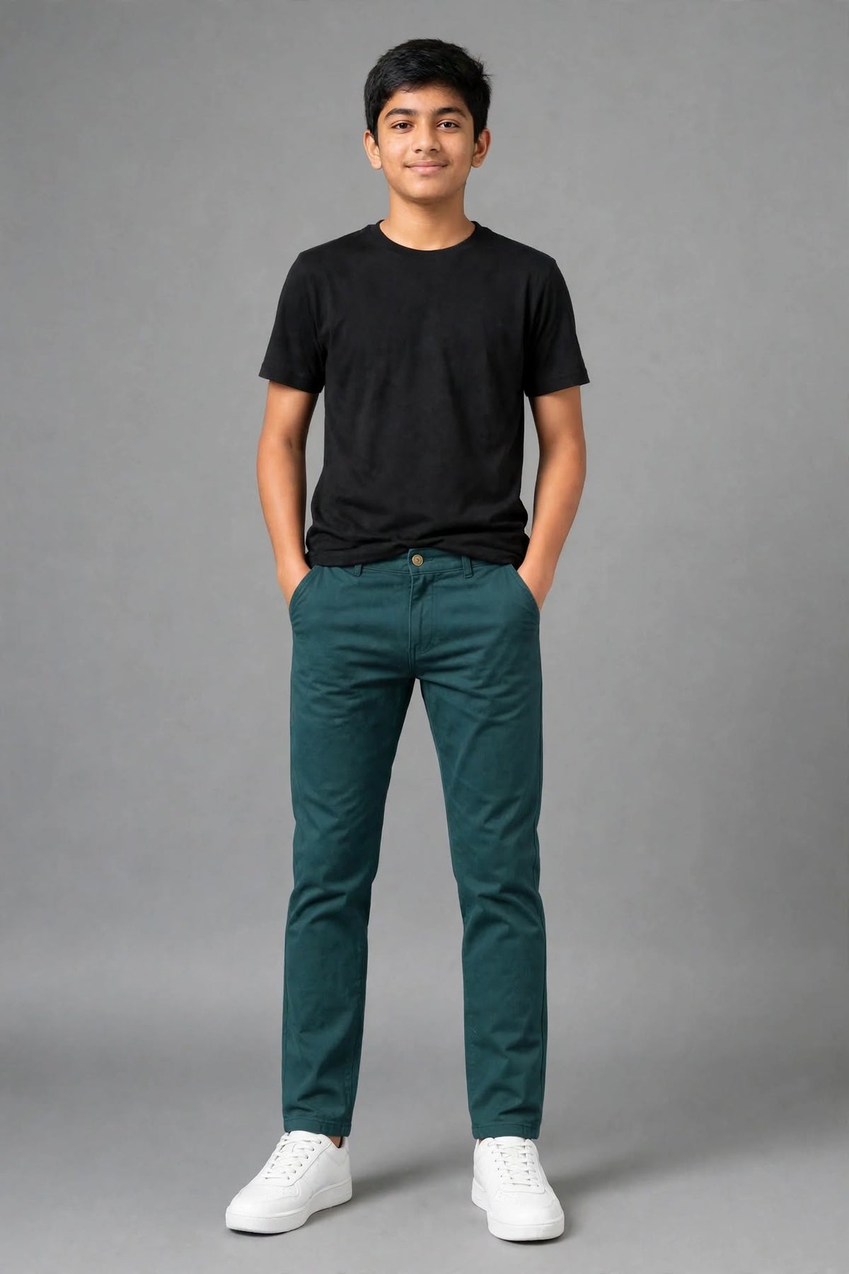 Teen Colours Kids Dark Teal Green Cotton Elastic Waist Straight Fit Pant with Pockets