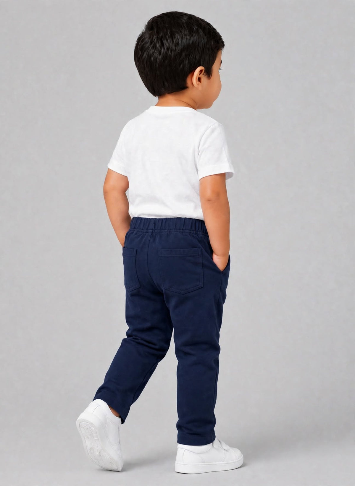Kids Light Navy Blue Cotton Straight-Fit Elastic Waist Pant with Side Pockets & Back Patch Pocket