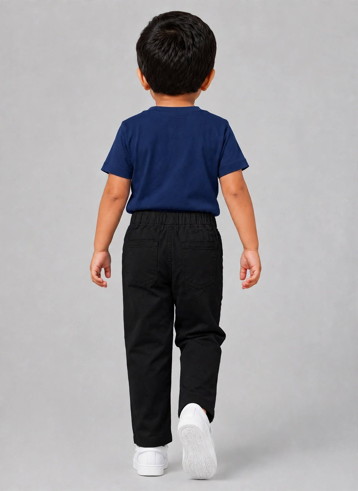 Kids Black Cotton Straight-Fit Elastic Waist Pant with Side Pockets