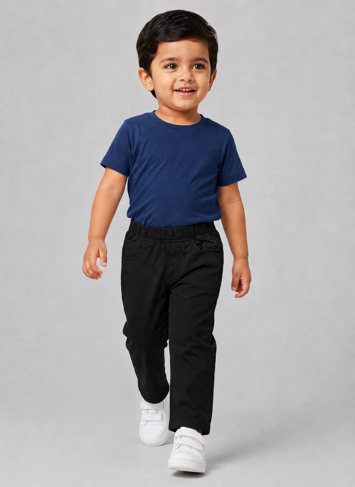 Kids Black Cotton Straight-Fit Elastic Waist Pant with Side Pockets