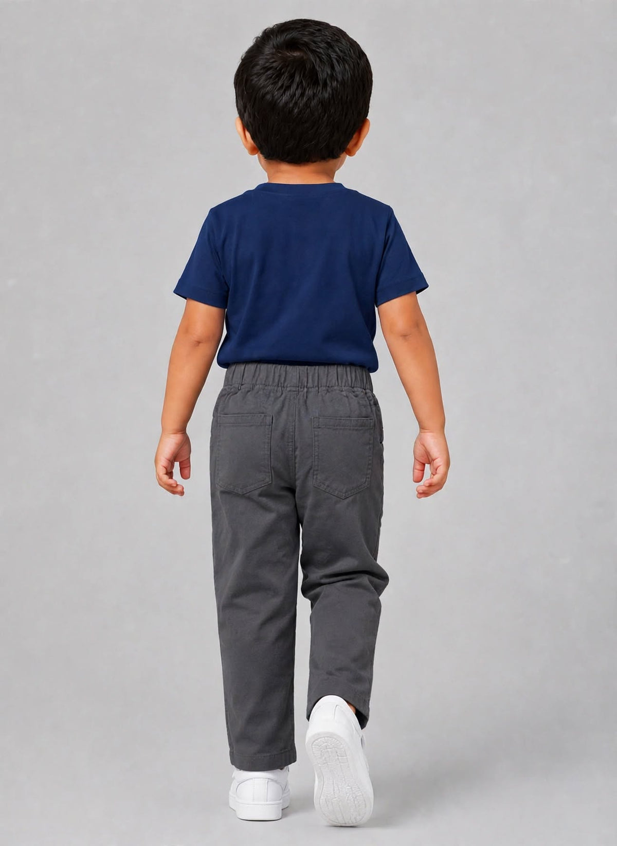 Kids Dark Grey Cotton Straight-Fit Elastic Waist Pant with Side Pockets & Back Patch Pocket