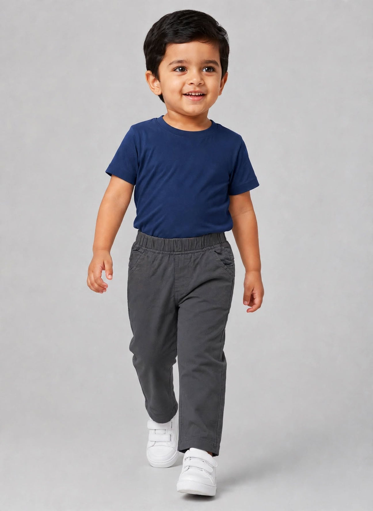 Kids Dark Grey Cotton Straight-Fit Elastic Waist Pant with Side Pockets & Back Patch Pocket