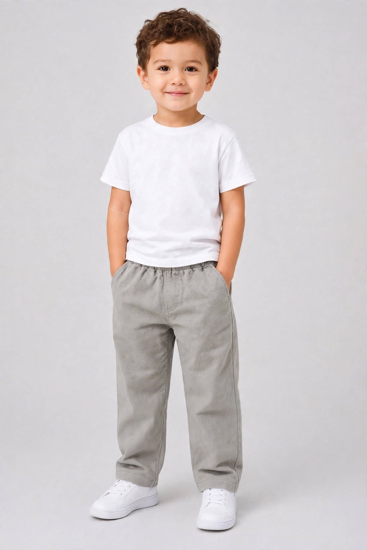 Kids Elephant Grey Cotton Straight-Fit Elastic Waist Pant with Side Pockets & Back Patch Pocket