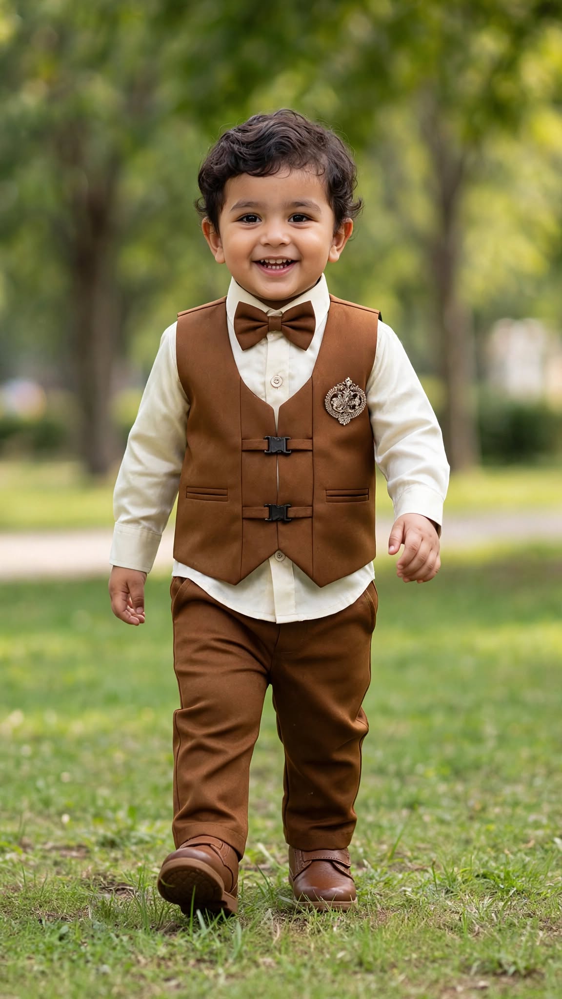 Boys Dark Coffee Brown and Beige Waistcoat, Shirt, Bowtie, and Pant Set