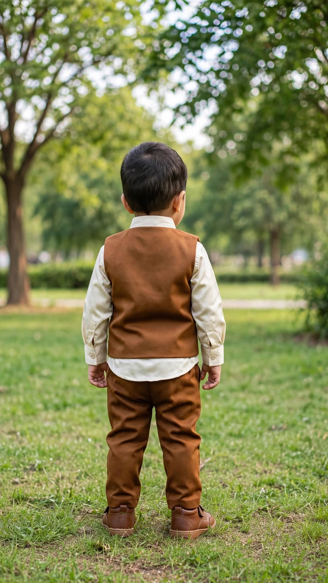 Boys Dark Coffee Brown and Beige Waistcoat, Shirt, Bowtie, and Pant Set