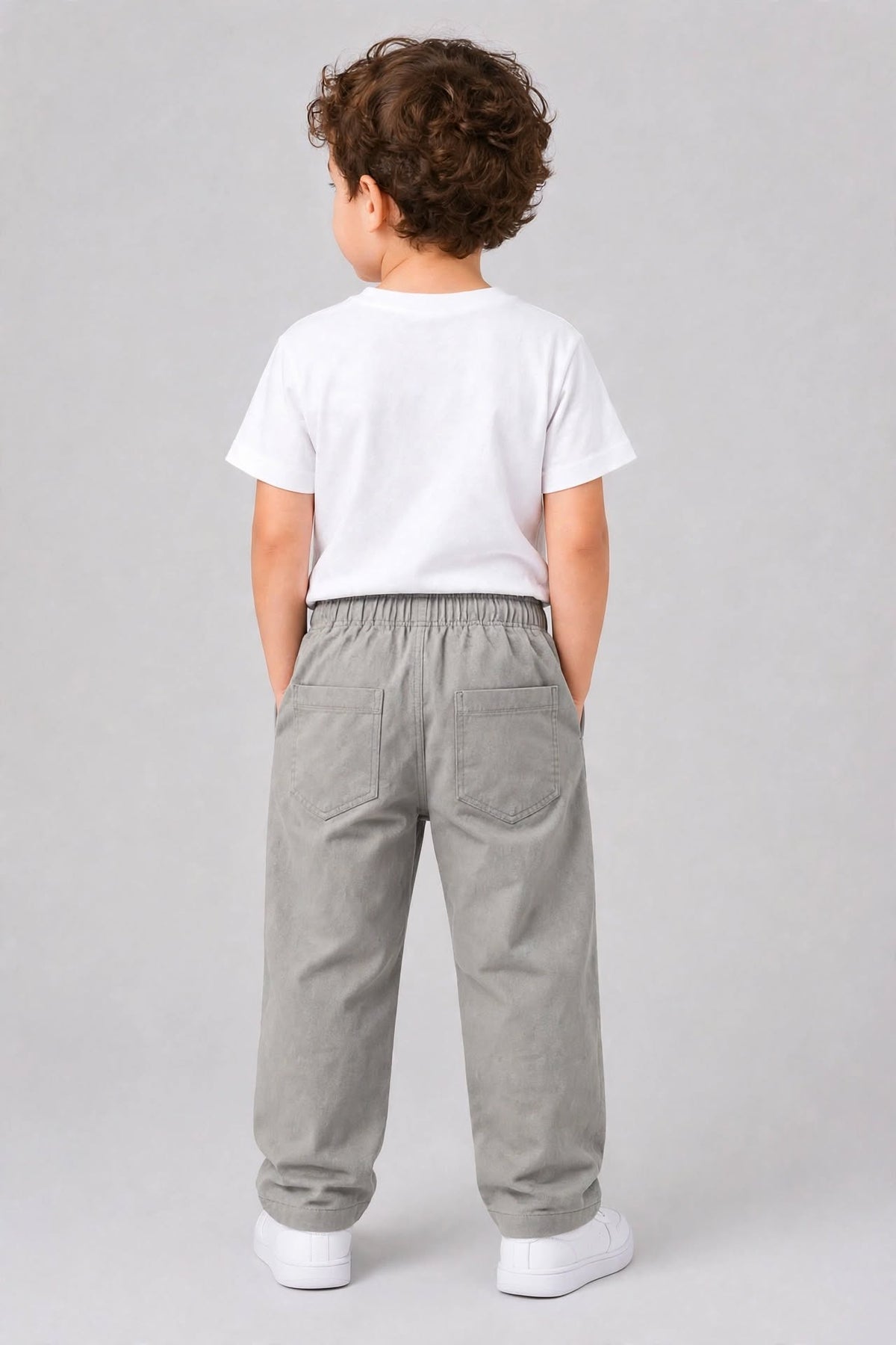 Kids Elephant Grey Cotton Straight-Fit Elastic Waist Pant with Side Pockets & Back Patch Pocket
