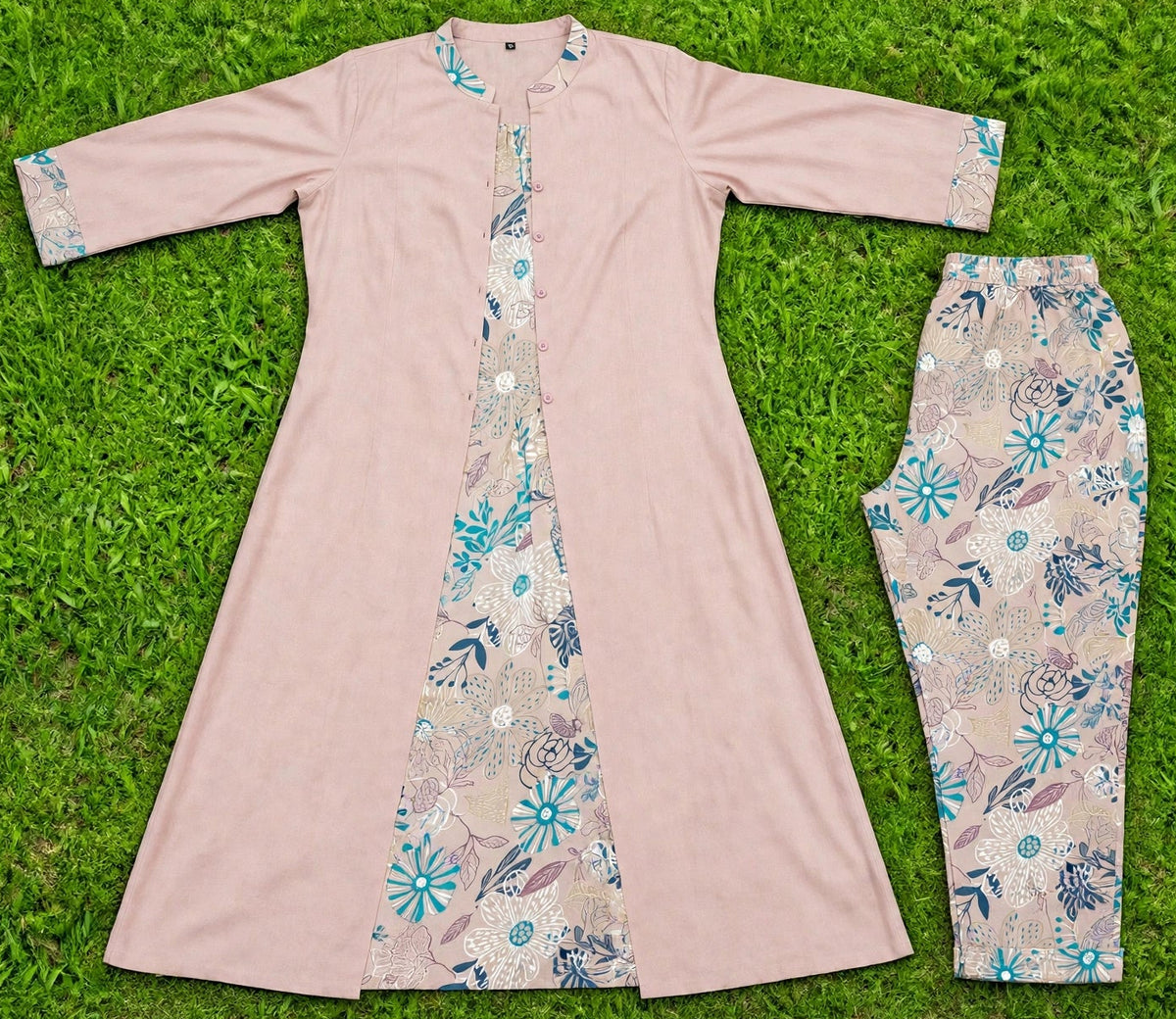 Women’s Dusty Rose Floral Print Full-Sleeve Flared Kurti and Pant Set