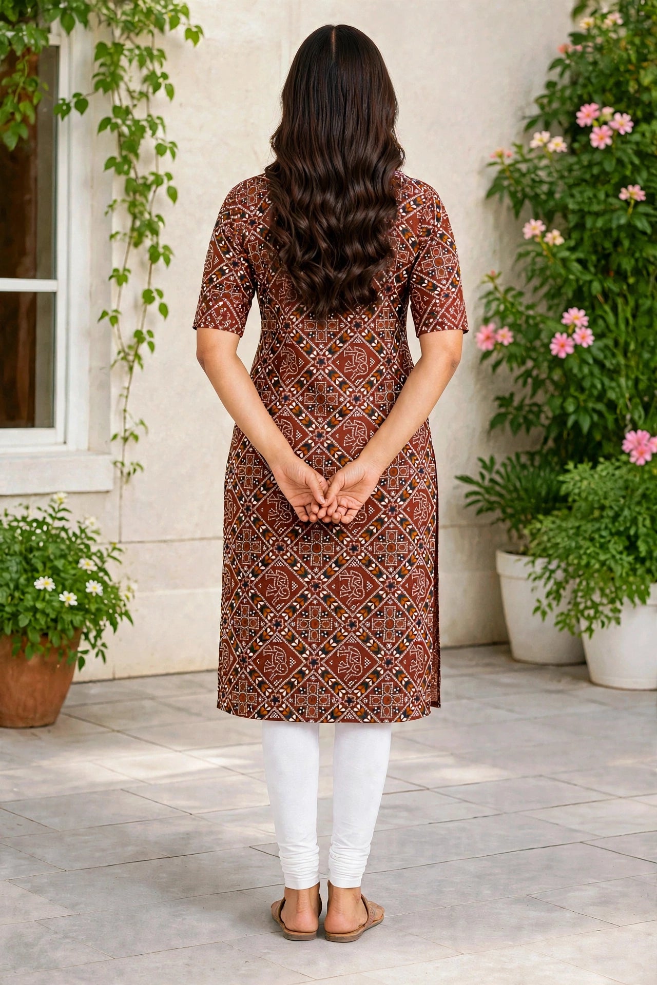 Women’s Rust Brown Multicolour Ethnic Printed Cotton Straight-Cut Kurthi with Elbow Sleeves & Pocket