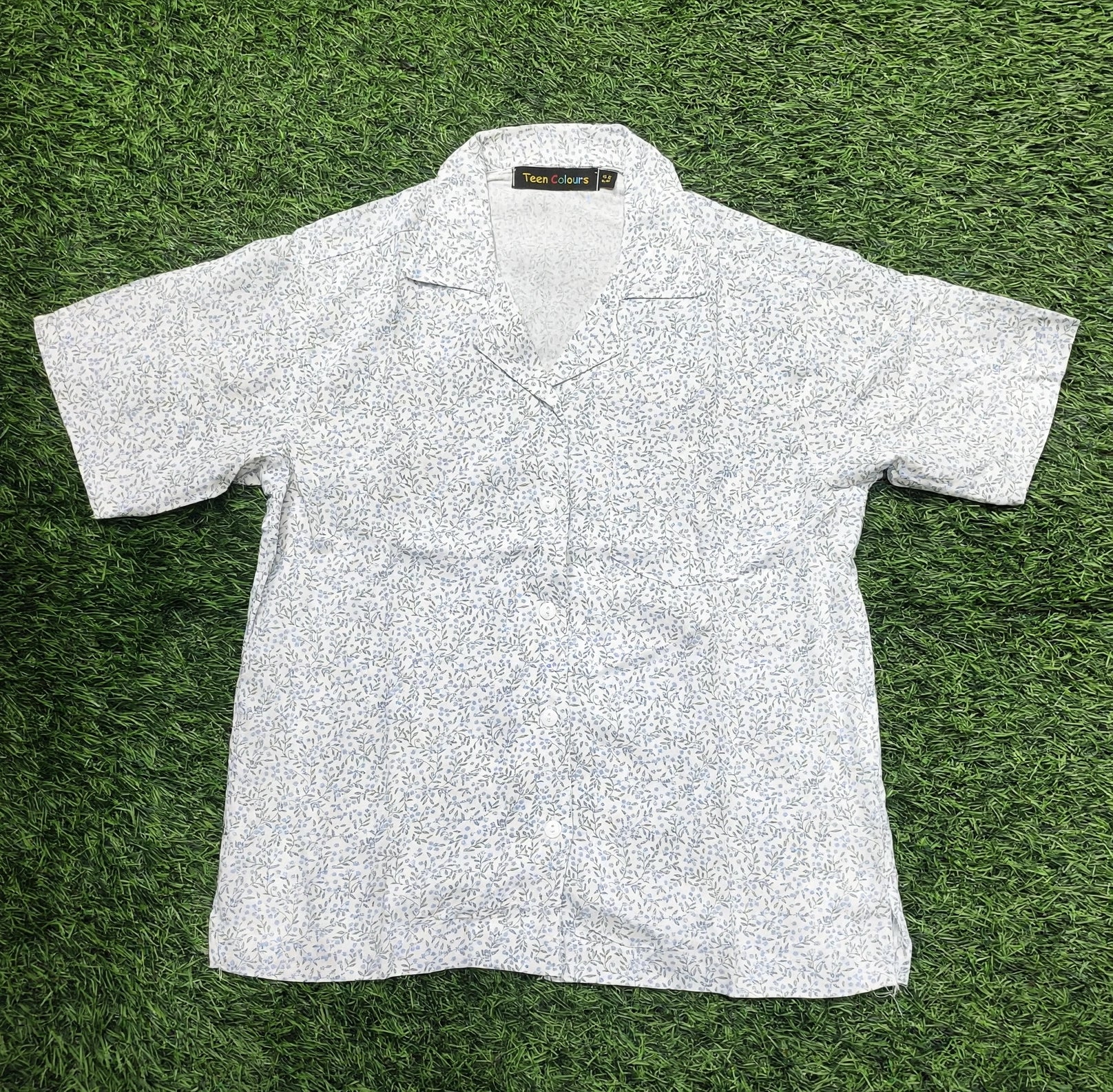 Teen Colours Girls White base decorated with an all-over ditsy floral print Cuban Collar rayon Baggy Shirt