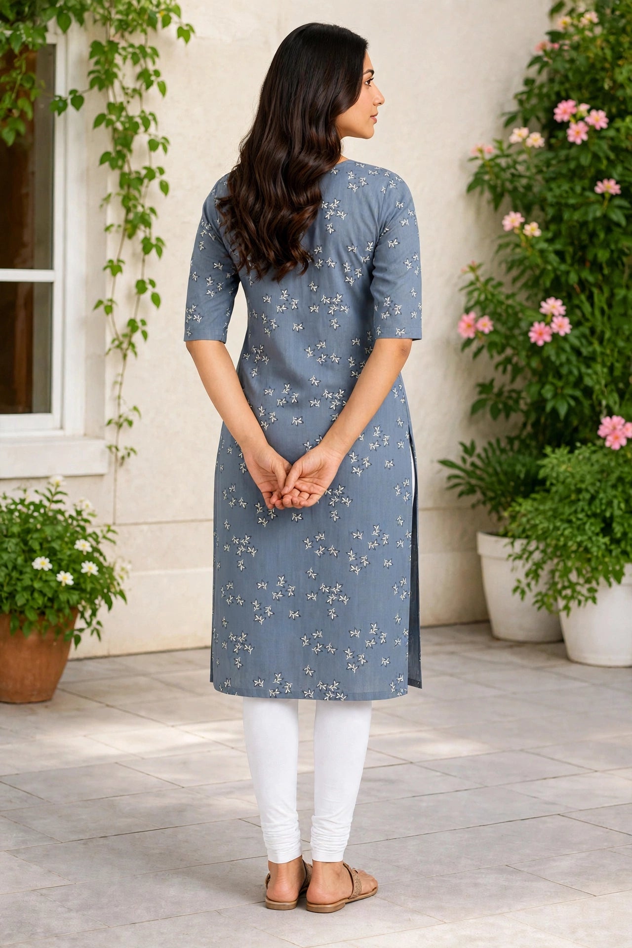 Women’s Blue Grey Leaf-Printed Rayon Straight-Cut Kurthi with Elbow Sleeves & Pocket