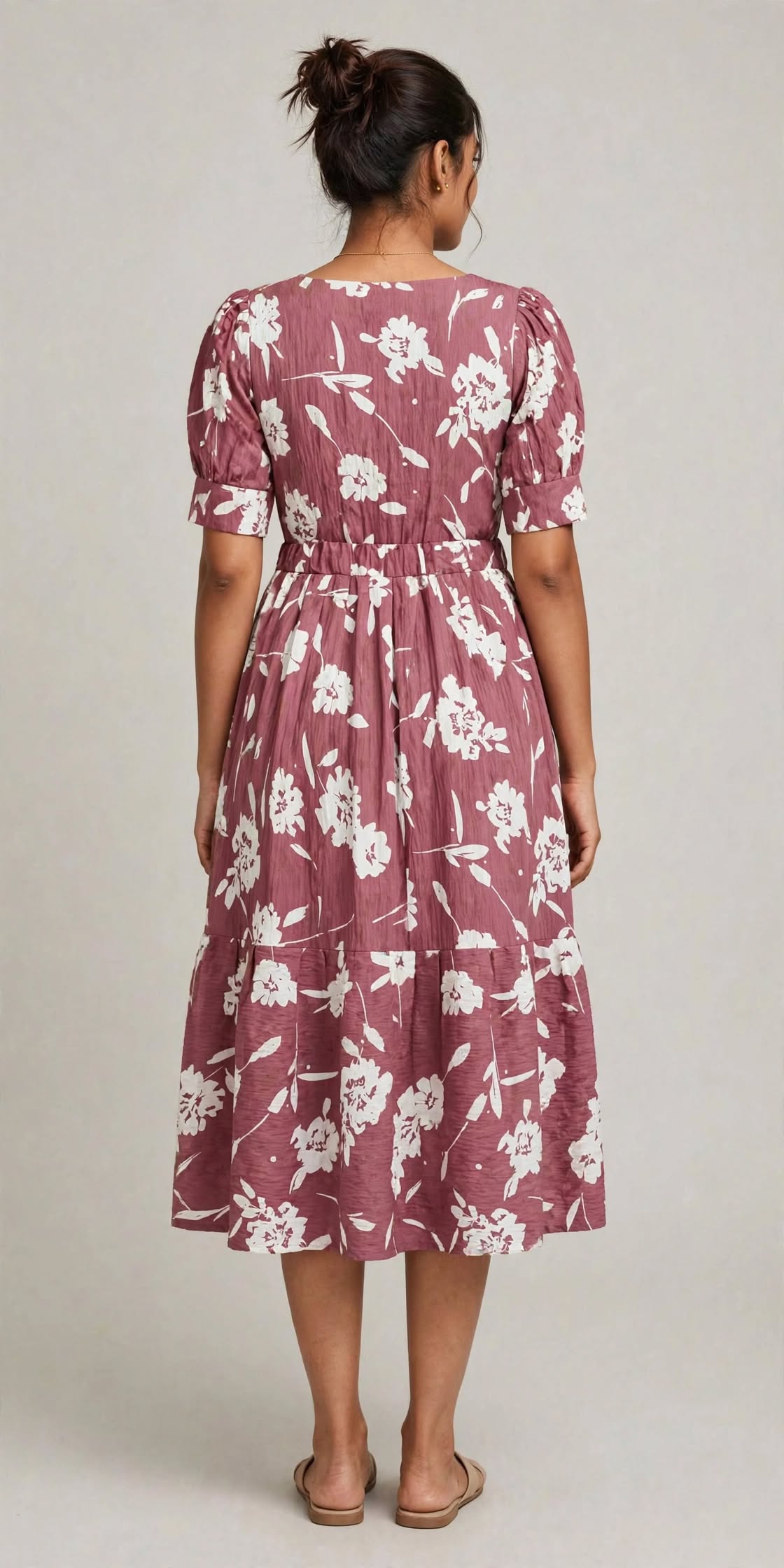 Ladies Dusty Rose Floral Printed Square Neck Puff Sleeve 2-Step Long Frock with Elastic Waist & Two Side Pockets
