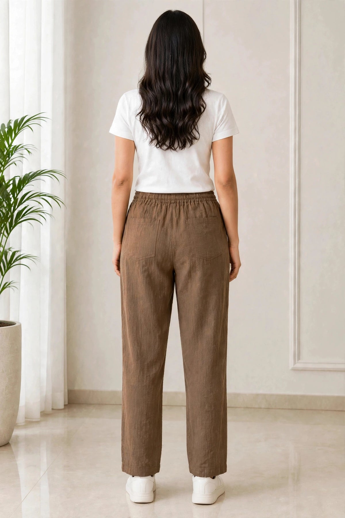 Women's Brown color Casual Elastic Waist Ladies Pant