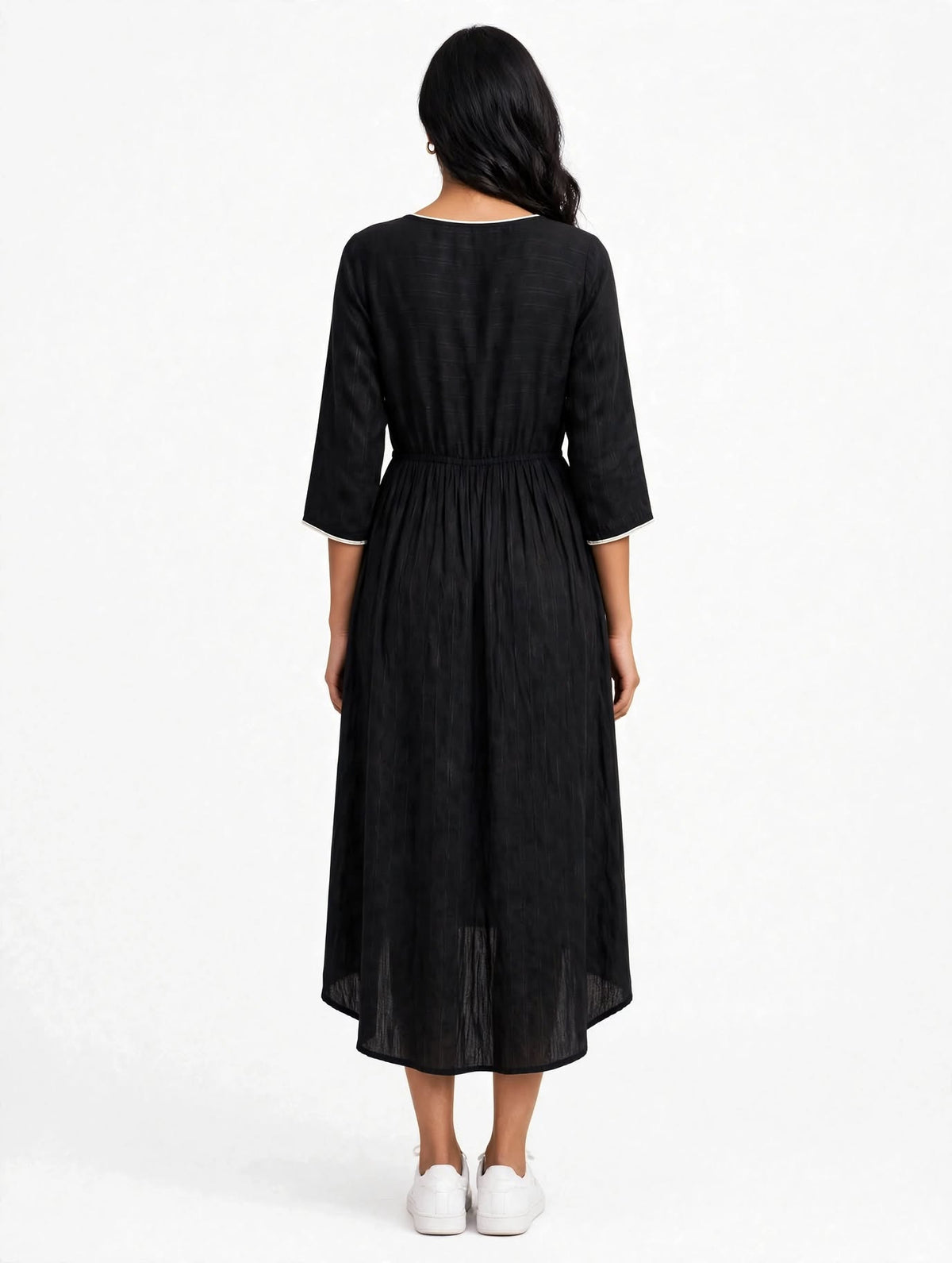 Ladies Black Cotton Linen  V-Neck 3/4 Bell Sleeve Elastic Waist High-Low Flared Long Frock