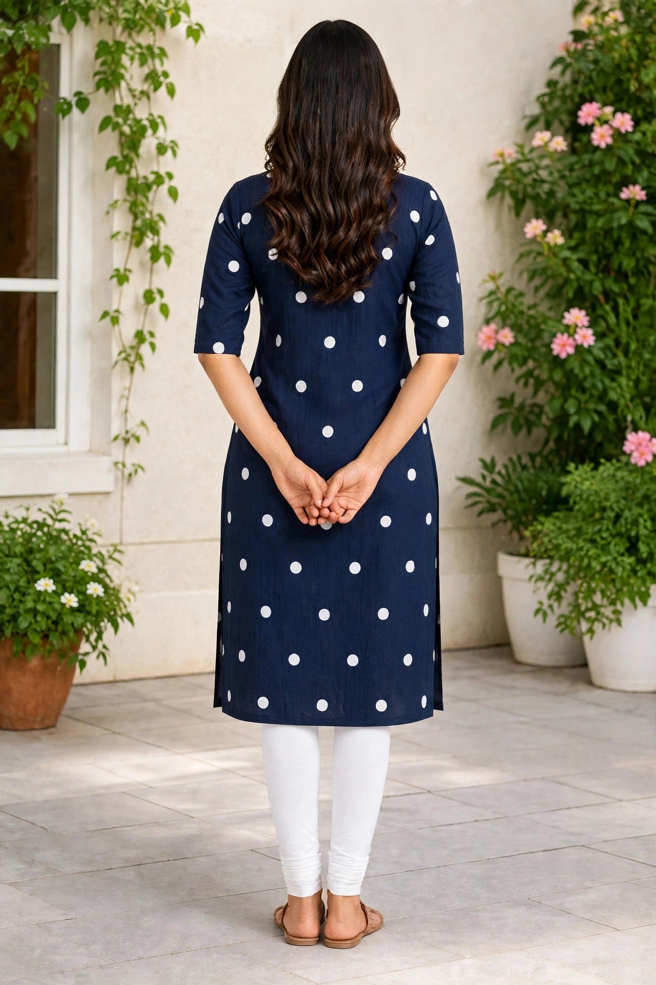Women’s Dark Navy Blue & White Polka-Dot Crepe Straight-Cut Kurthi with Elbow Sleeves & Pocket