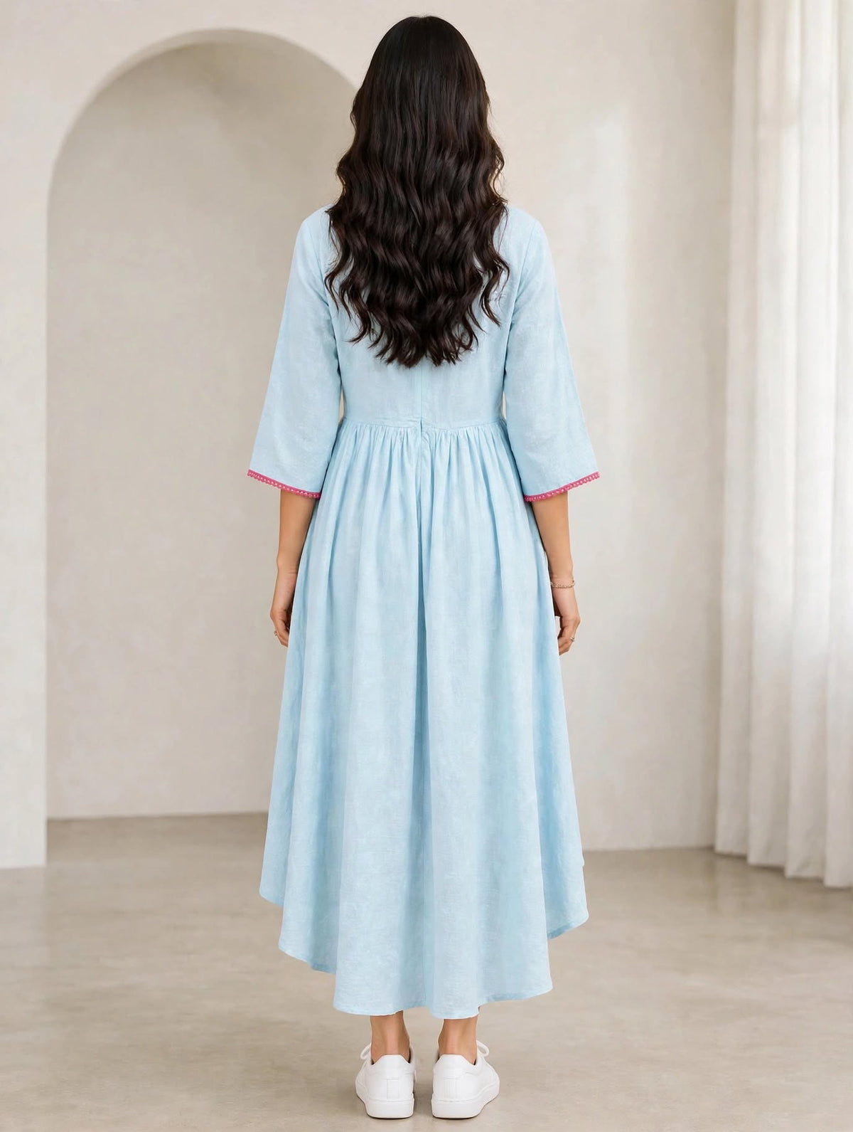 Ladies Light Sky Blue V-Neck  Linen cotton 3/4 Bell Sleeve Elastic Waist High-Low Western Long Frock
