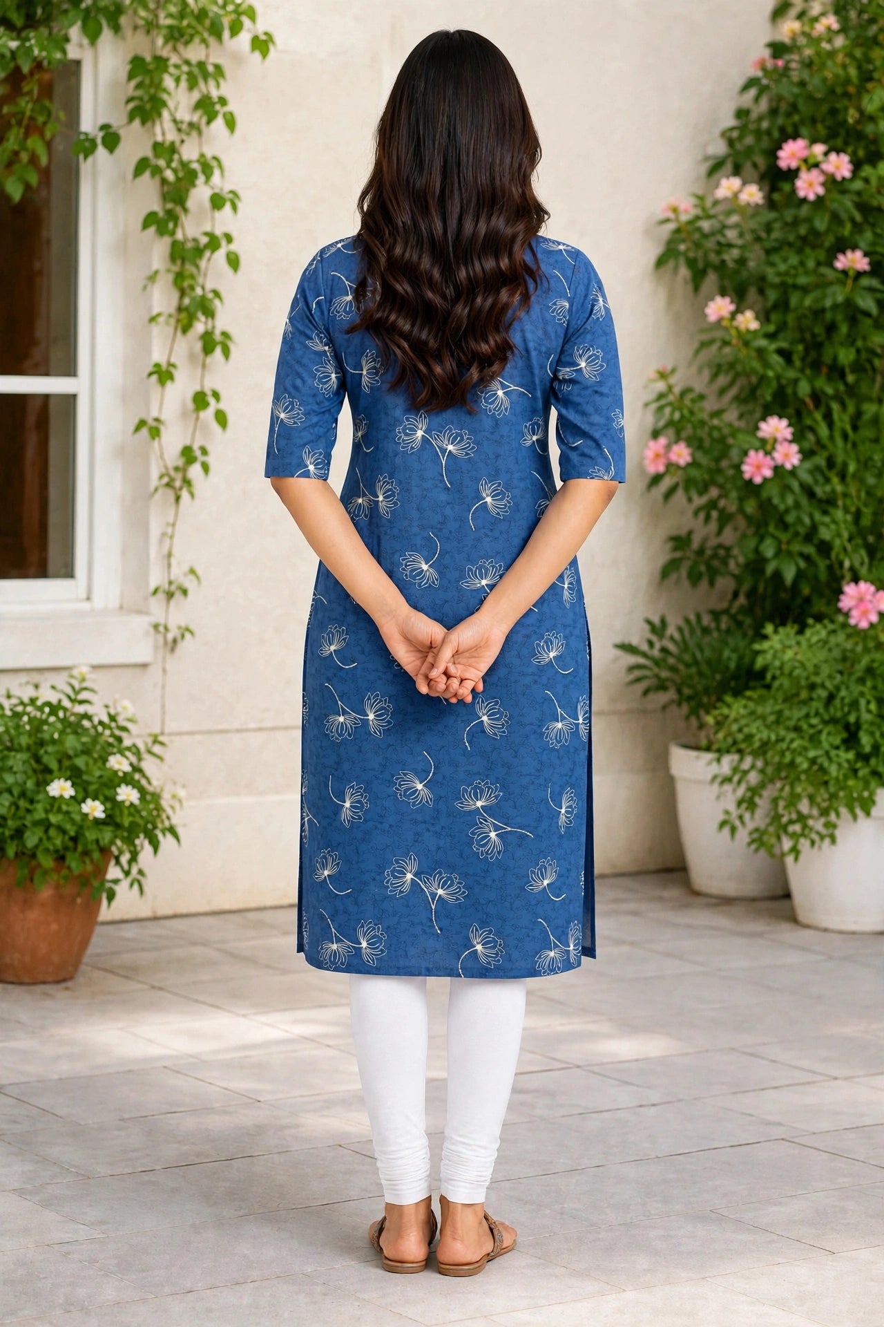Women’s Royal Blue Layered Floral Printed Cotton Straight-Cut Kurthi with Elbow Sleeves & Pocket