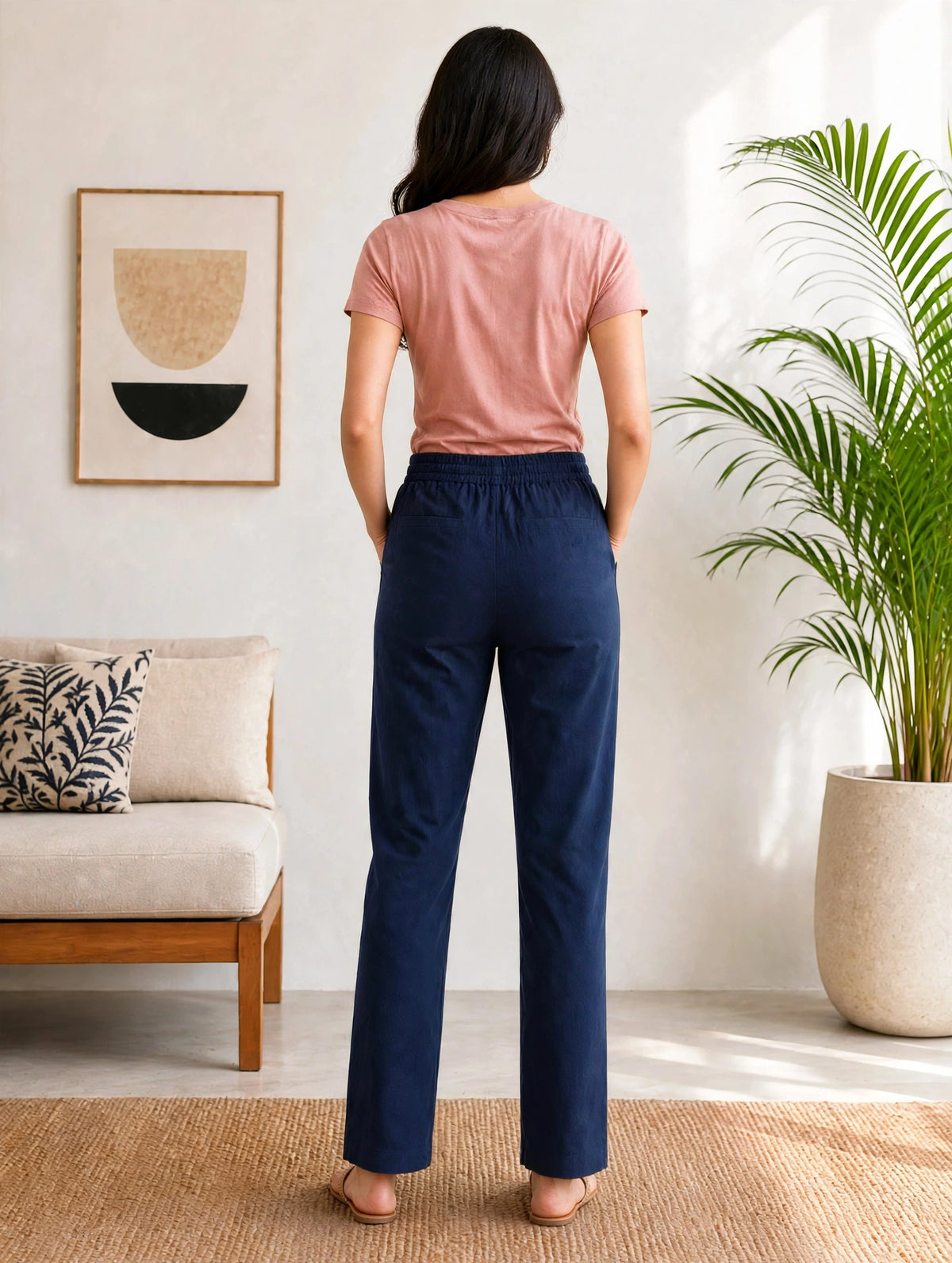 Women's Navy Blue Casual Elastic Waist Ladies Pant