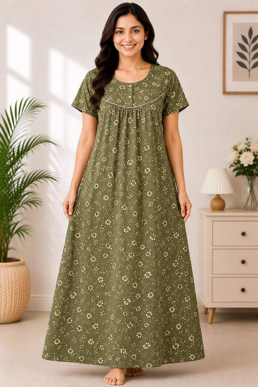 Women's Mehendi Green Floral Print Maxi Nighty Soft Cotton