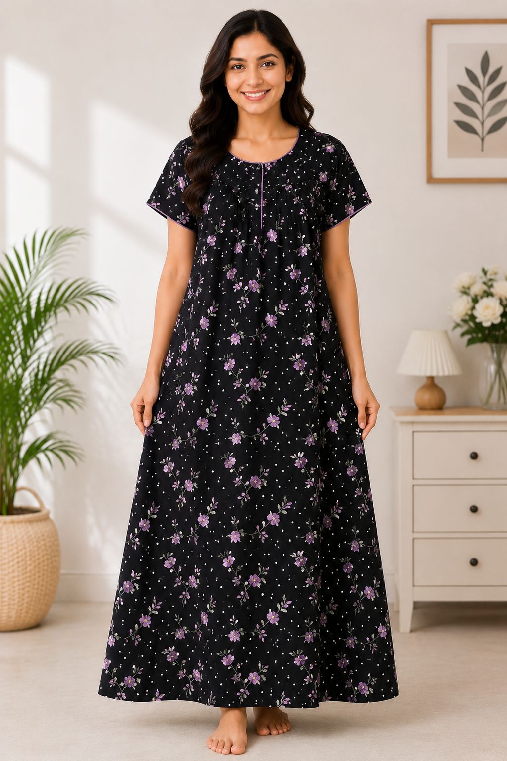Women's Black Floral Polka Print Maxi Nighty Soft Cotton