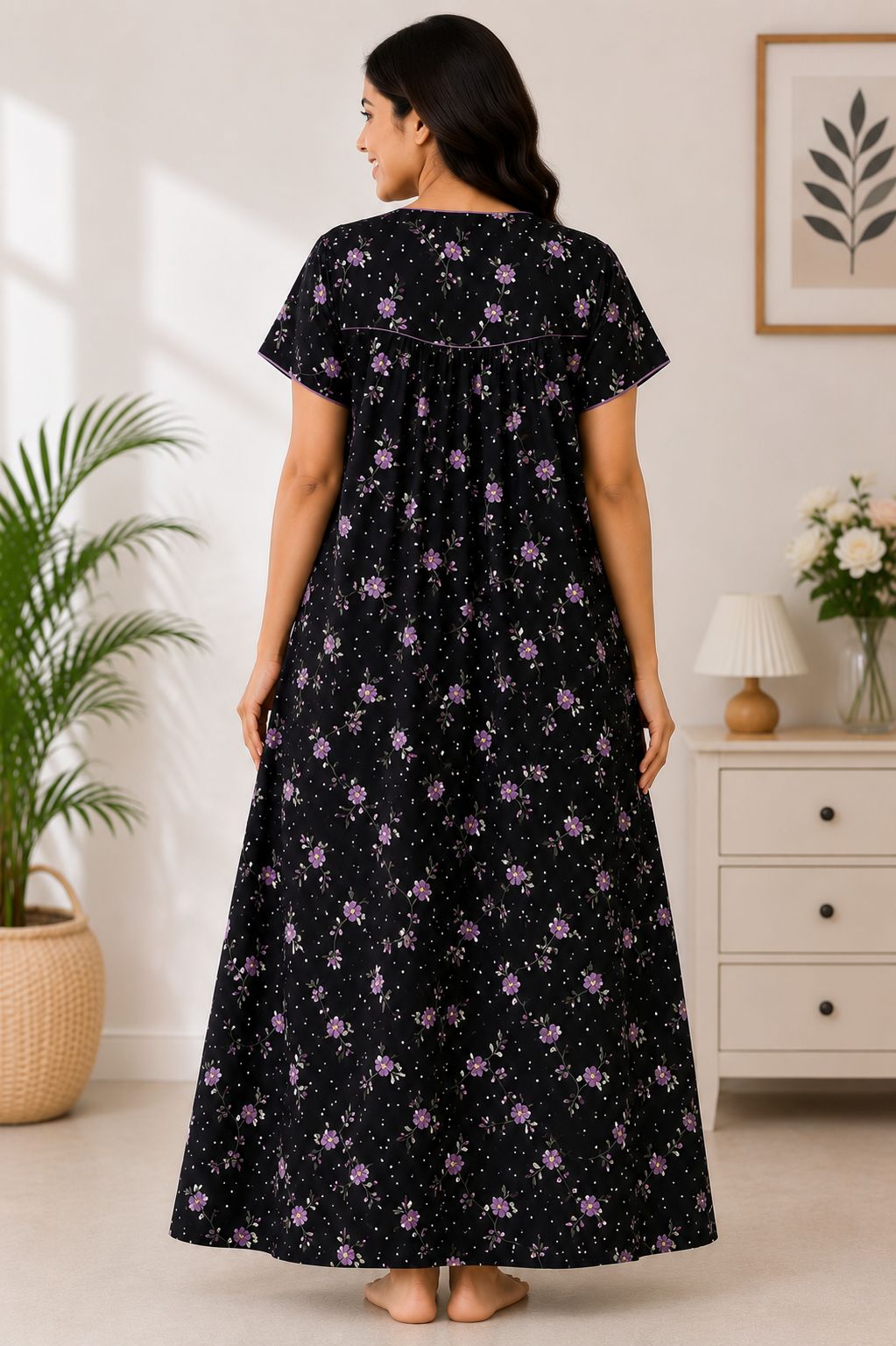 Women's Black Floral Polka Print Maxi Nighty Soft Cotton