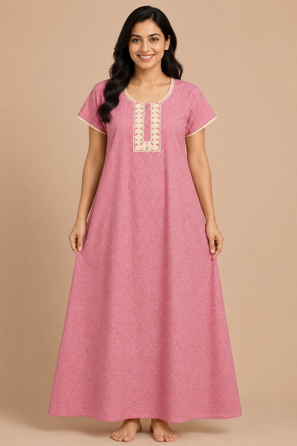 Women's onion pink Embroidered Micro Print Maxi Nighty Rayon Fabric