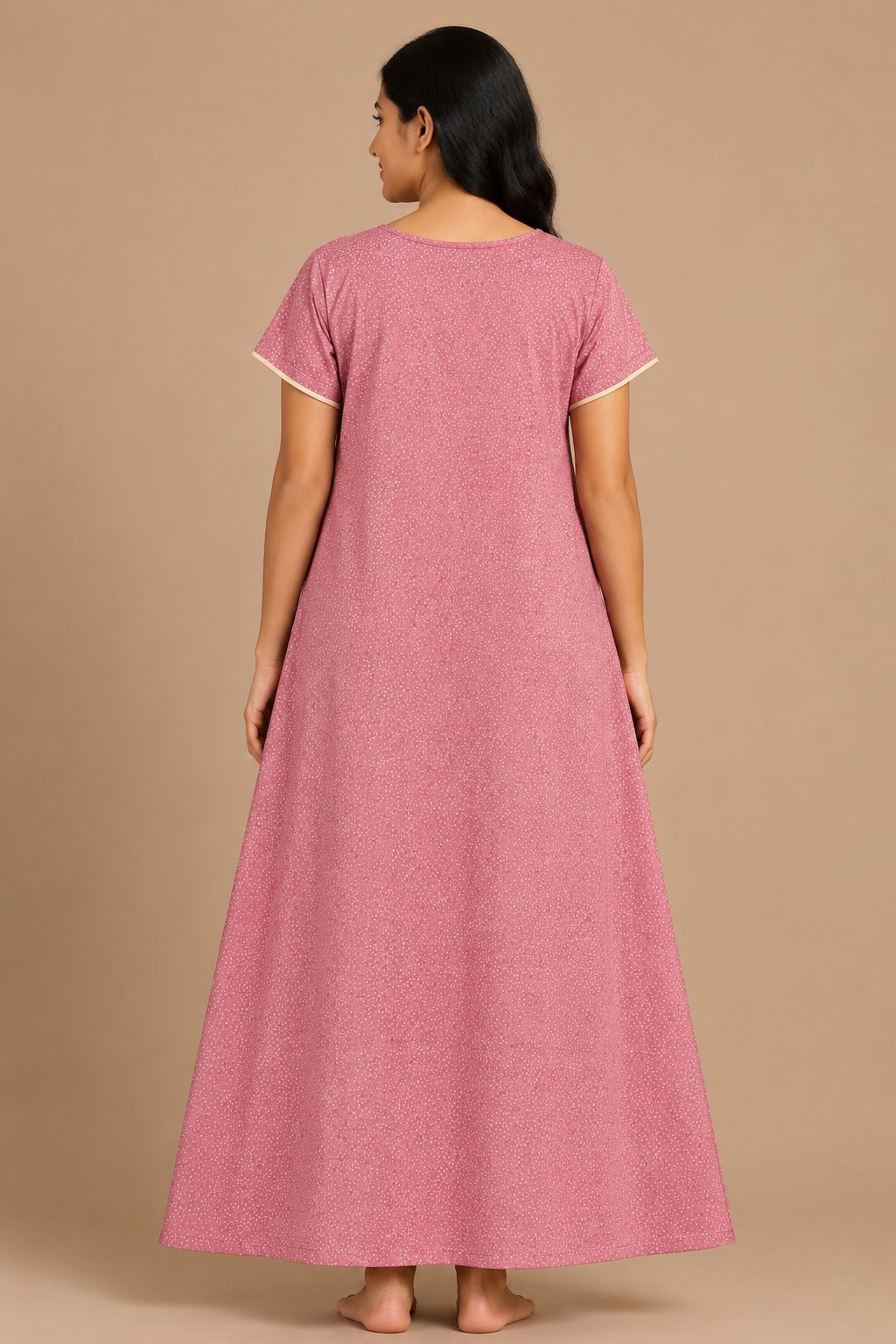 Women's onion pink Embroidered Micro Print Maxi Nighty Rayon Fabric