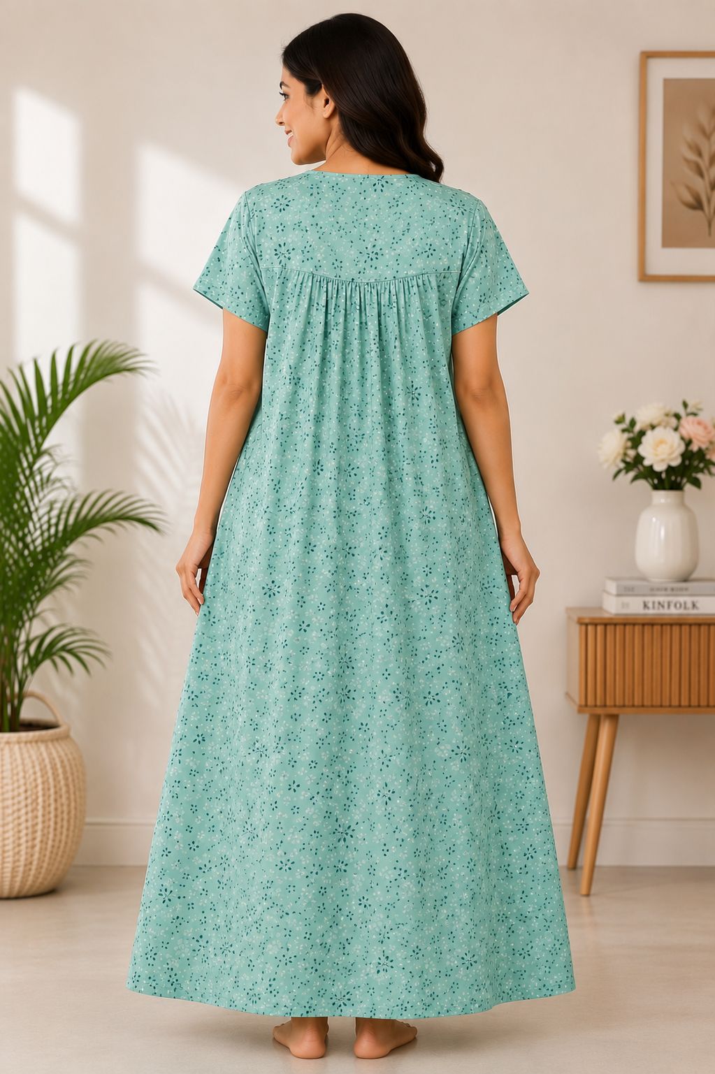 Women's sea green Embroidered Micro Print Maxi Nighty Rayon Fabric