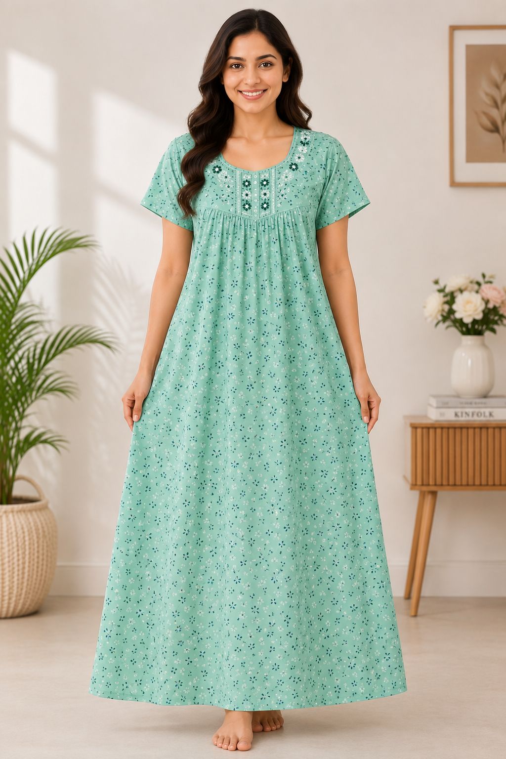 Women's sea green Embroidered Micro Print Maxi Nighty Rayon Fabric